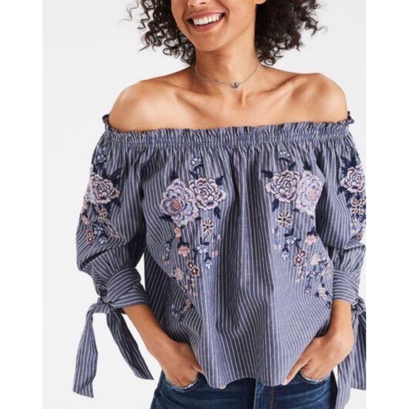 American Eagle Outfitters Tops - American Eagle Off Shoulder Embroidered Stripe Top